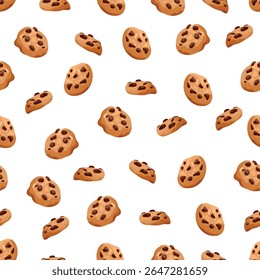 Chocolate chip cookies seamless pattern. Flat vector clipart, illustration with isolated background.