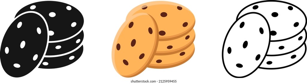 Chocolate chip cookies, a set in different drawing techniques, a logo silhouette, a linear icon, a realistic illustration of a stack of cookies