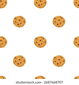 Chocolate chip cookies simple seamless pattern with whole cookies on white background. Vector hand drawn illustration for packaging design, wrapping paper, cafe menu, textile prints