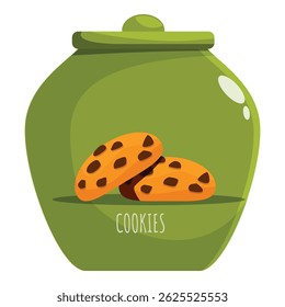 Chocolate chip cookies are stored in a green jar, showcasing a delicious treat