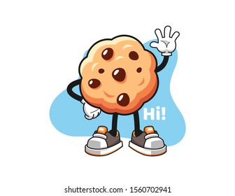 Chocolate chip cookies wave hand cartoon. Mascot Character vector.