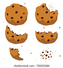 Chocolate chip cookies, whole and bitten, freshly baked choco cookies, isolated object, set, collection, vector.