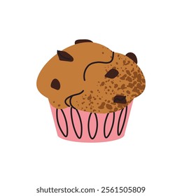 Chocolate chip cupcake icon. Vector tasty baked goods, muffin, sweet nutritious snack, lunch or breakfast, dessert. Flat cartoon illustration isolated on white background