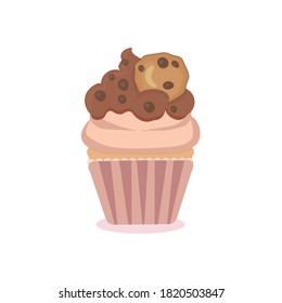 ilustración vectorial del cupcakes de chocolate con una cookie de chip de chocolate. Un postre cremoso y bonito, aislado de fondo blanco