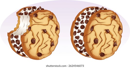 Chocolate Chip Ice Cream Sandwich made with Cookies Bitten and Whole. Sweet Frozen Dessert Detailed Illustration