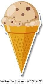 Chocolate chip ice-creame in the waffle cone sticker illustration