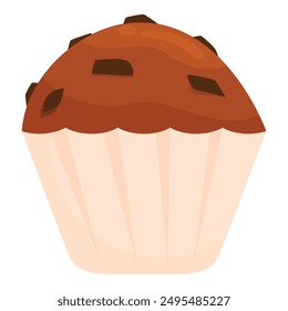 Chocolate chip muffin with a fluffy top is sitting in a paper cup