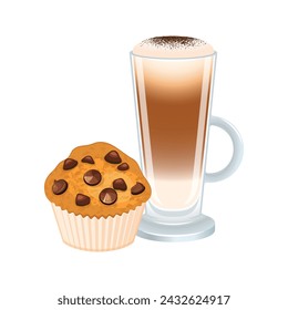 Ilustración vectorial de la bebida de café de macchiato con leche y muffin. Vaso de café con leche espumosa y icono de magdalena vector aislado sobre un fondo blanco