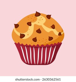 Chocolate chip muffin in a red wrapper, a sweet treat perfect for breakfast, dessert, or bakery designs. Vector illustration.