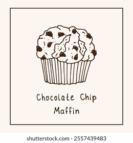 Chocolate Chip Muffin. Vector linear illustration with a muffin, hand-drawn. The inscription is Chocolate Chip Muffin. Suitable for restaurants, bakeries and cafes. A picture for the menu and logo.