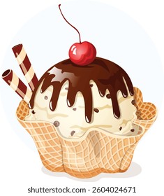 Chocolate Chip Vanilla Ice Cream Scoop in Waffle Cup with Chocolate Syrup, Wafer Sticks and Cherry Toppings. Frozen Dessert Delight Vector Art.