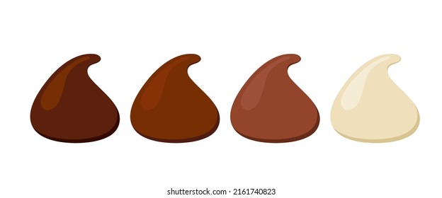 Chocolate chips for baking vector icon set. Drop dark, bitter, milky and white choco chunk for cookie cooking. Flat design cartoon style cacao sweet food morsel clip art illustration.