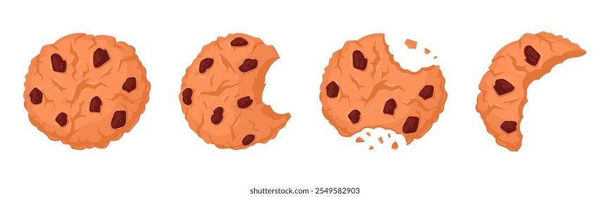 Migas de galletas de chispas de chocolate. Conjunto de Ilustración vectorial plana de piezas de galletas de avena mordidas y rotas de dibujos animados. Galletas rotas dulces y crujientes