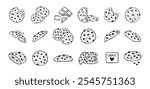 Chocolate chips cookie hand drawn doodle icon set. Drawing black and white sketch biscuit. Chocolate biscuit collection. Vector illustration