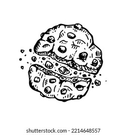 
Chocolate chips cookie.
Hand drawn sketch two halves of cookie with crumbs.