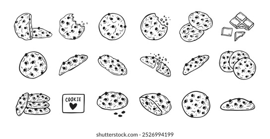 Chocolate chips cookie mão desenhada ícone de doodle set. Desenho preto e branco biscoito esboço. Coleção de biscoitos de chocolate. Ilustração vetorial