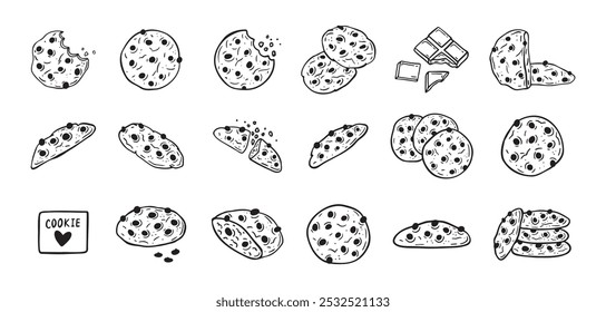 Chocolate chips cookie hand drawn doodle icon set. Drawing black and white sketch biscuit. Chocolate biscuit collection. Vector illustration