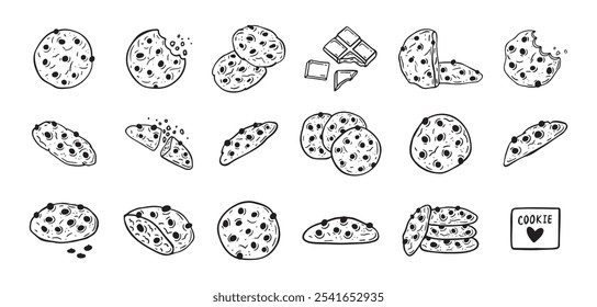 Chocolate Chips Keks handgezeichnete Doodle-Icon-Set. Zeichnung schwarz-weiß Skizze Keks. Schokoladenkekssammlung. Vektorgrafik