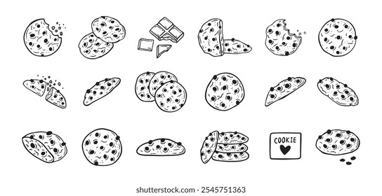 Chocolate chips cookie mão desenhada ícone de doodle set. Desenho preto e branco biscoito esboço. Coleção de biscoitos de chocolate. Ilustração vetorial