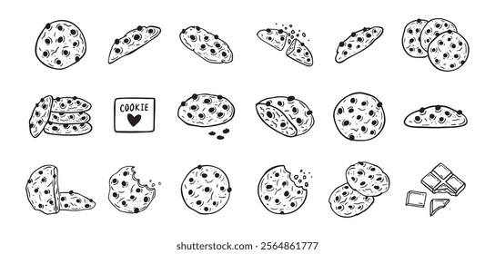 Chocolate chips cookie hand drawn doodle icon set. Drawing black and white sketch biscuit. Chocolate biscuit collection. Vector illustration