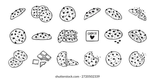 Chocolate Chips Keks handgezeichnete Doodle-Icon-Set. Zeichnung schwarz-weiß Skizze Keks. Schokoladenkekssammlung. Vektorgrafik