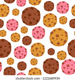 Chocolate chips cookie seamless pattern. Bakery background.