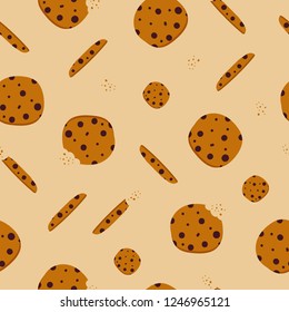 Chocolate chips cookies, biscuits seamless pattern background.