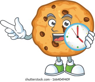 Chocolate chips cookies cartoon character style with a clock