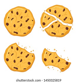 Chocolate chips cookies isolated on white background. Bitten, broken, cookie crumbs. Sweet food cookies icon. Biscuit, small baked, crisp pastry with crush fragments. Vector illustration