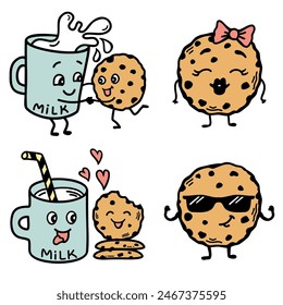 Chocolate chips cookies and milk vector bundle hand drawn colors illustration isolated on white for print or desing. Cute cookies love glass of milk in cartoon style. Love sweet food