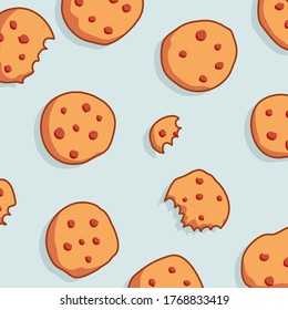 Chocolate chips cookies pattern. Vector illustration bakery product. Sweet biscuits for eating texture