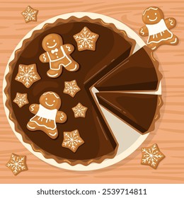 Chocolate Christmas cake with gingerbread men and cookies shaped stars on wooden table. Top view