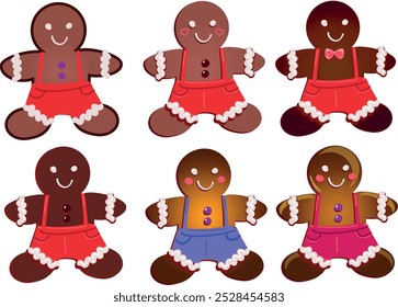 Chocolate Christmas gingerbread man vector drawing set clipart New Year design decoration element holiday brown cookie red pants Hand drawn flat illustration positive Cute character icon happy holiday