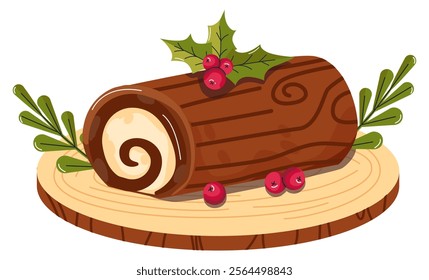 Chocolate christmas log. Yule log or Buche de Noel, traditional Christmas French dessert.  Chocolate roll with cream. Sticker with delicious chocolate roll with sweet filling. 