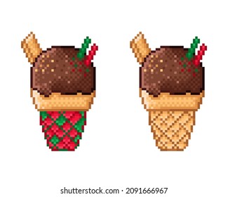 Chocolate Christmas style ice cream pixel art. Vector illustration.