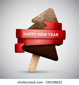 Chocolate Christmas tree ice creamon a stick with red ribbon, New Year frosted sweet vector icon