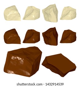 Chocolate Chunks Collection Isolated on White Background. Milk and White Chocolate Pieces. Vector 3d Realistic Illustration.