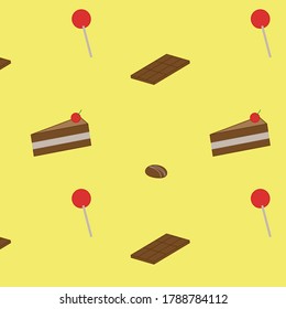 chocolate and chupachups on a yellow background, texture