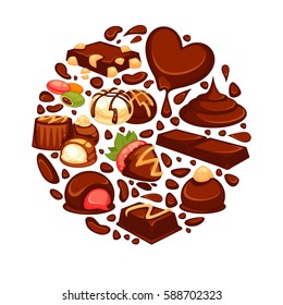 Chocolate circle poster template of confectionery desserts and truffle candy, caramel lollipops and confections bars for bakery shop, pastry or cafeteria and cafe