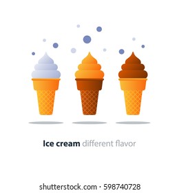 Chocolate, classic white vanilla and orange caramel ice cream in waffle cone, twisted top and flat bottom, vector illustration icon