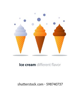 Chocolate, classic white vanilla and orange caramel ice cream in waffle sugar cone, swirl top and pointed bottom, vector flat design illustration icon