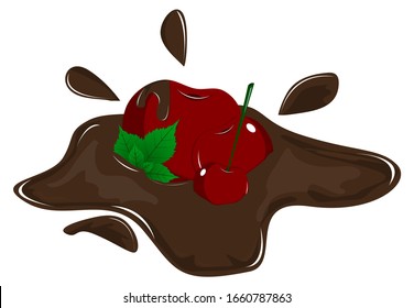 Cerezo recubierto de chocolate con sombra y spray sobre un fondo blanco. Hojas de menta de chocolate con cereza. Iconos vectoriales detallados. Una serie de alimentos y bebidas e ingredientes culinarios.