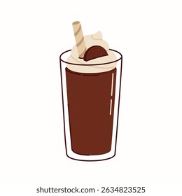 Chocolate cocktail with cookies, coffee in a glass cup vector hand drawn illustration in a flat style isolated on a white background