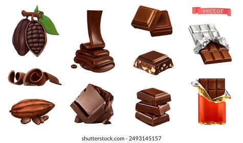 Chocolate and cocoa beans, 3d realistic vector set