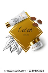Chocolate cocoa beans. Engraved vector sketch. Vintage design. Cream product ads: tube, jar, dispenser,  cosmetic bottles. 3d realistic illustration. Skin care mockup product. Vector beauty background