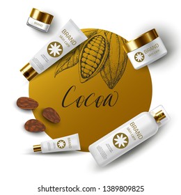 Chocolate cocoa beans. Engraved vector sketch. Vintage design. Cream product ads: tube, jar, dispenser,  cosmetic bottles. 3d realistic illustration. Skin care mockup product. Vector beauty background