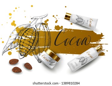 Chocolate cocoa beans. Engraved vector sketch. Vintage design. Cream product ads: tube, jar, dispenser,  cosmetic bottles. 3d realistic illustration. Skin care mockup product. Vector beauty background