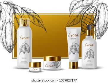 Chocolate cocoa beans. Engraved vector sketch. Vintage design. Cream product ads: tube, jar, dispenser, cosmetic bottles. 3d realistic illustration. Skin care mockup product. Vector beauty background