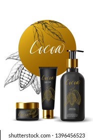 Chocolate cocoa beans. Engraved vector sketch. Vintage design. Cream product ads: tube, jar, dispenser, cosmetic bottles. 3d realistic illustration. Skin care mockup product. Vector beauty background