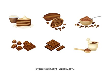 Se ponen granos de chocolate y cacao. Barras de chocolate, caramelos, tarta y taza de ilustración vectorial de cacao